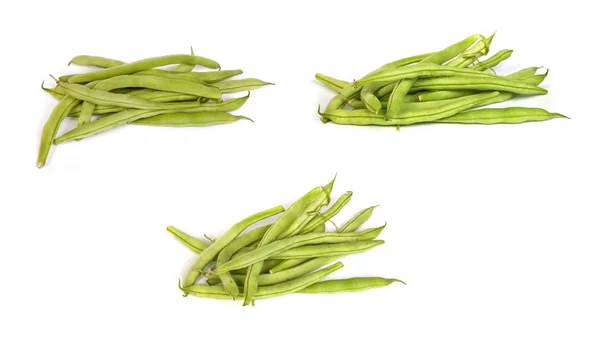 Set von frischen grünen Bohnen auf weißen Bohnen — Stockfoto