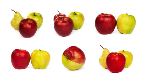Sett med pærer og røde epler og grønne epler som isoleres på hvite epler – stockfoto