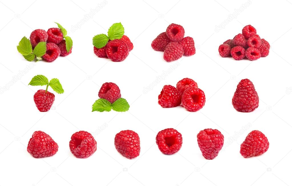Set of a bunch of a red raspberry on a white background. Close u