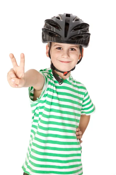 Menino ciclista com capacete — Fotografia de Stock