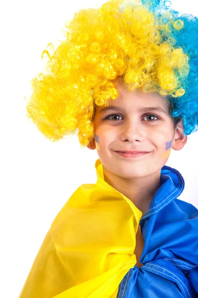 Football fan with ukrainian flag — Stock Photo, Image