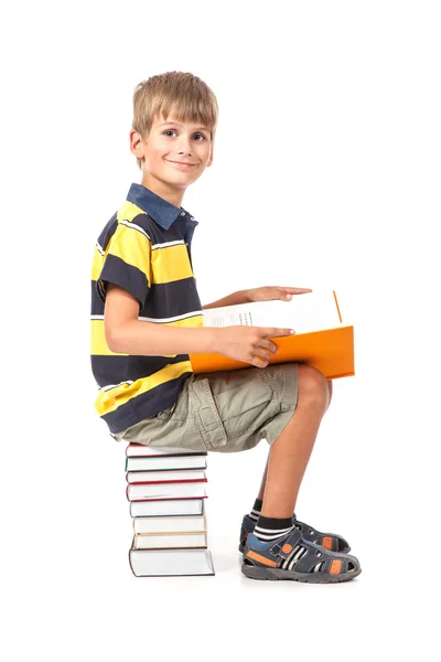 Schoolboy is sitting on books. Back to school — Stock Photo, Image