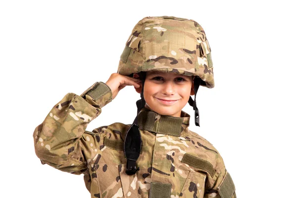 Saluting soldier. Young boy — Stock Photo, Image