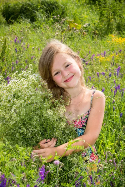 The little girl is stanging in the grass and holding a bouquet — Stock Photo, Image