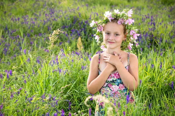 Portrait of a little girl in wreath of flowers — Stock Photo, Image