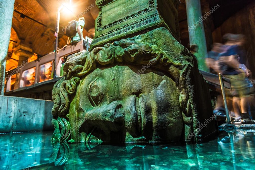 Medusa haed in The Basilica Cistern, Istanbul, Turkey. – Stock