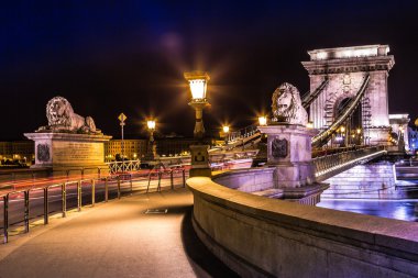 Budapeşte, Macaristan'ünlü zincir köprü gece görünümü.