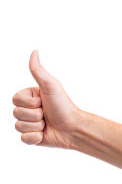 Male hand showing thumbs up sign isolated on white clipart