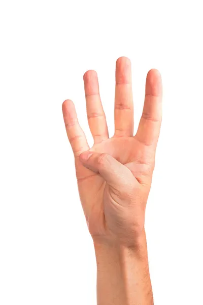 Ręką gest numer cztery zbliżenie na białym tle — Zdjęcie stockowe