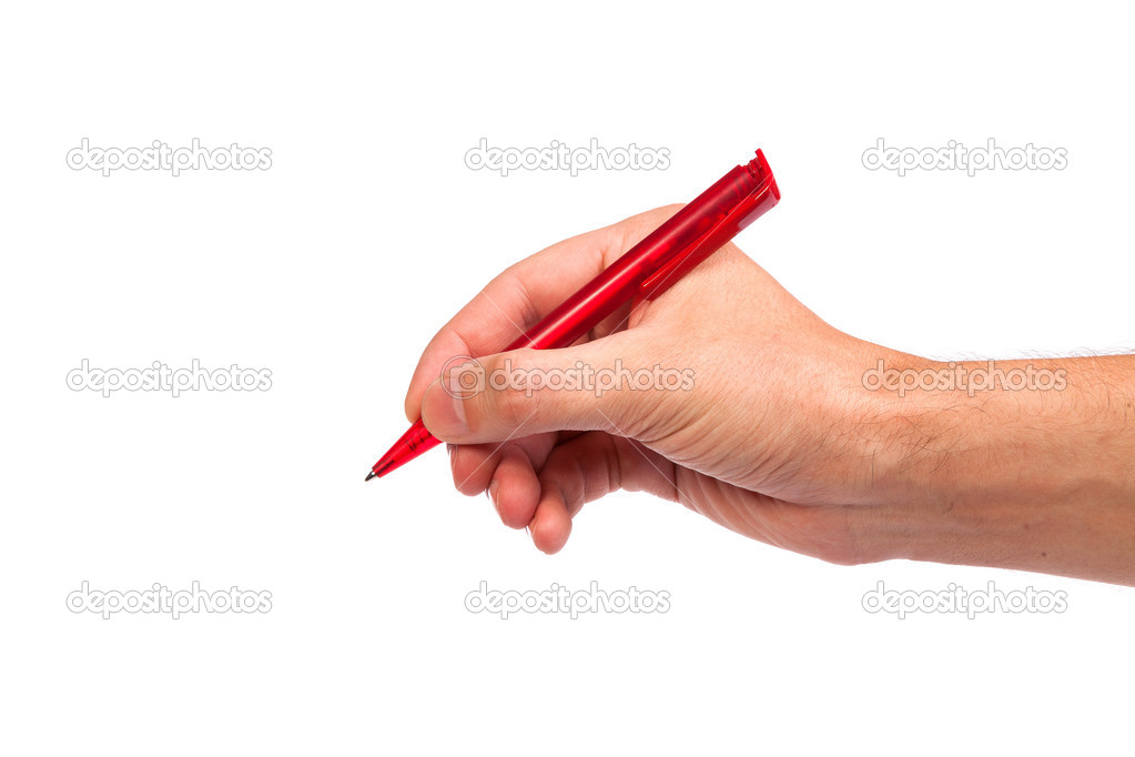 Hand hold a pen writing on the white