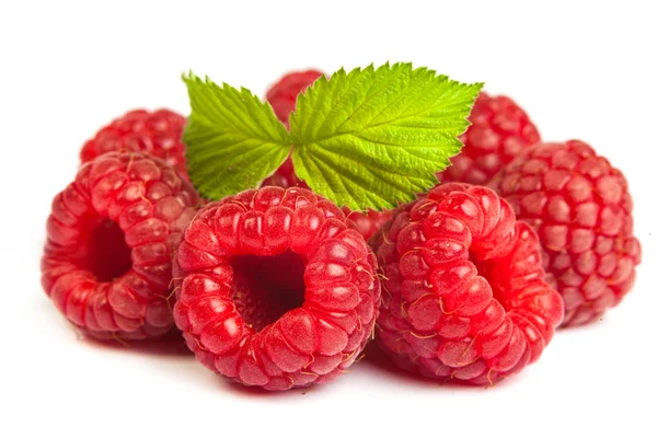 Red raspberry with green leaf — Stock Photo, Image