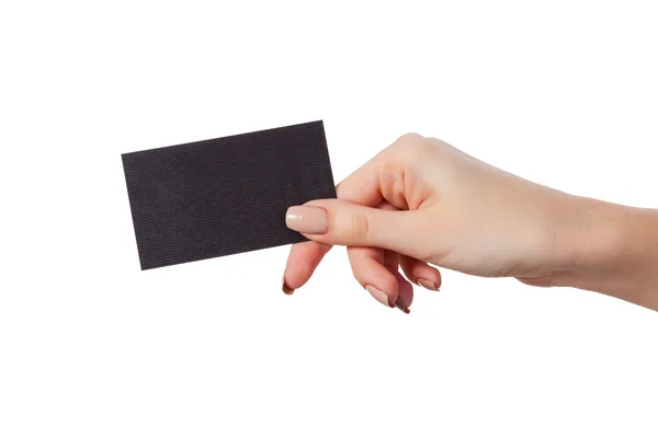 Businesswoman's hand holding blank business card — Stock Photo, Image