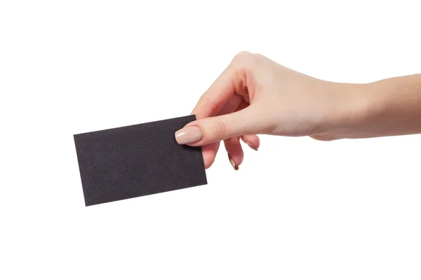 Mano de la empresaria sosteniendo la tarjeta de visita en blanco — Foto de Stock