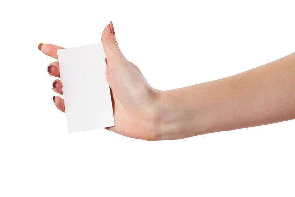 Businesswoman's hand holding blank business card — Stock Photo, Image