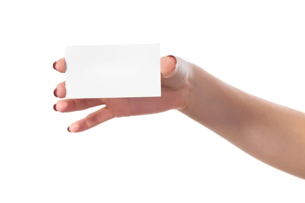 Mano de la empresaria sosteniendo la tarjeta de visita en blanco —  Fotos de Stock