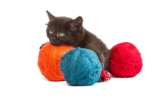 Black kitten playing with a red ball of yarn — Stock Photo, Image