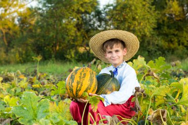 büyük sarı kabak elinde tutan çocuk gülümseyen