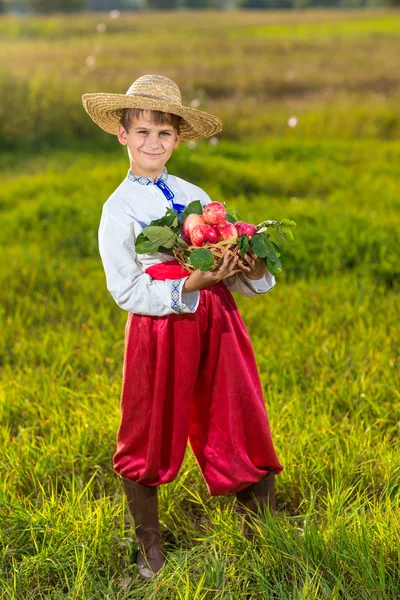 Mały farmer szczęśliwy trzymać jabłkami jesień ogród — Zdjęcie stockowe