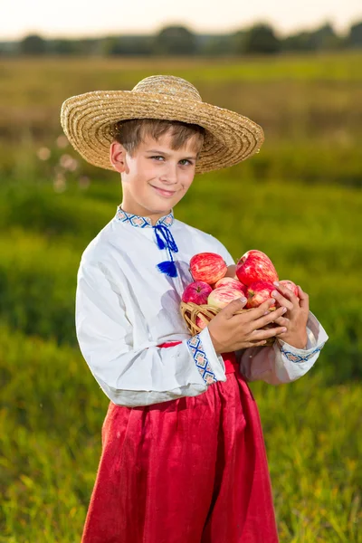 Menino agricultor feliz segurar maçãs orgânicas no jardim de outono — Fotografia de Stock