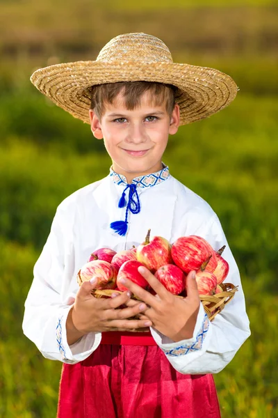 Menino agricultor feliz segurar maçãs orgânicas no jardim de outono — Fotografia de Stock