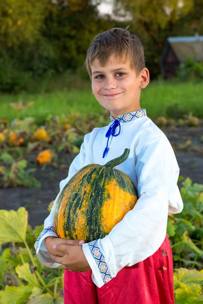 Smiling boy holding  big yellow pumpkin in hands — Stock Photo, Image