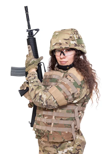 Linda menina do exército com rifle — Fotografia de Stock