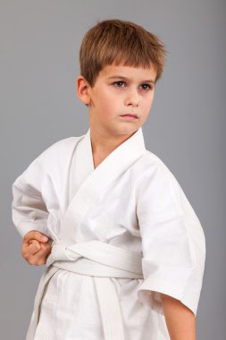 Beyaz kimonolu karateci çocuk dövüşüyor.