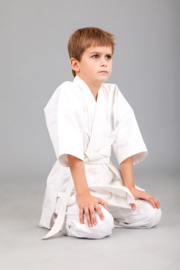 Beyaz kimonolu karateci çocuk dövüşüyor.