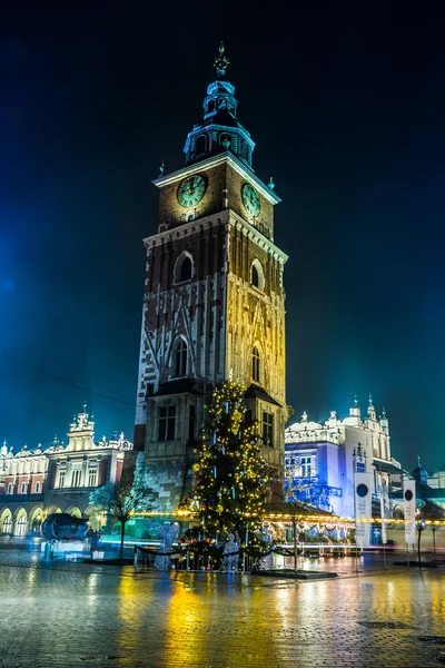 Poland, Krakow. Market Square at night.