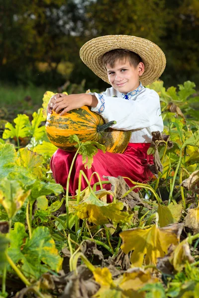 Lachende jongen bedrijf grote gele pompoen in handen — Stockfoto