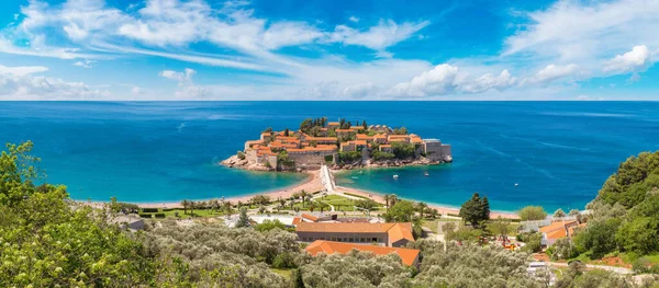 Panoráma Sveti Stefan Szigettől Budva Egy Szép Nyári Nap Montenegró — Stock Fotó