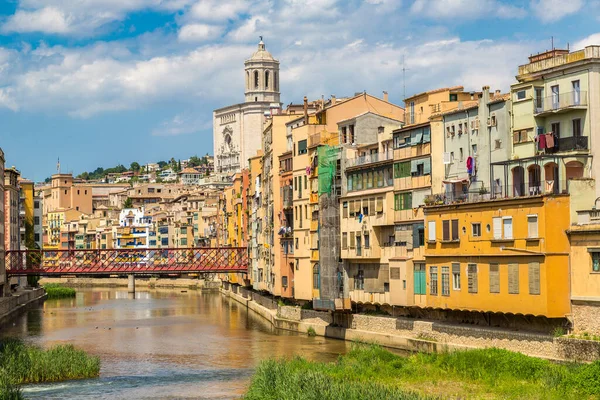 Colorful Houses Eiffel Bridge Saint Mary Cathedral Background Girona Beautiful — Stock Photo, Image