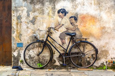PENANG, MALAYSIA - 22 Şubat 2020: Litvanyalı sanatçı Ernest Zachareviç 'in Georgetown, Penang, Malezya' da yaptığı ünlü duvar yazısı