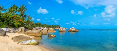 Bir yaz gününde güzel kayalık tropikal plaj manzarası