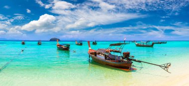 Tayland 'daki tropik plajda geleneksel ahşap kuyruklu teknenin panoraması.