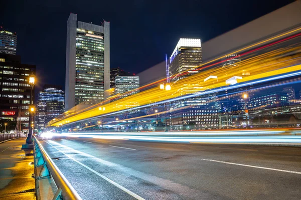 Traffic Light Trails Boston Cityscape Night Usa — Stock fotografie