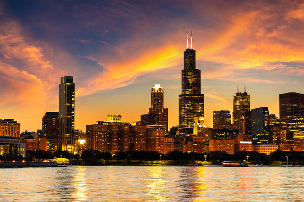 Panoramic cityscape of Chicago at sunset, Illinois, USA