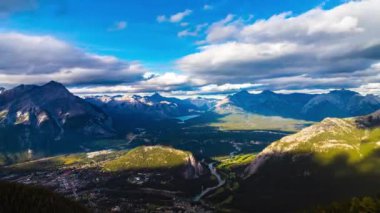 Banff Ulusal Parkı 'ndaki Bow Valley' deki Banff şehrinin panoramik hava manzarası, Kanada Kayalıkları