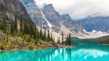 Moraine Gölü 'nün panoramik manzarası, Kanada Banff Ulusal Parkı