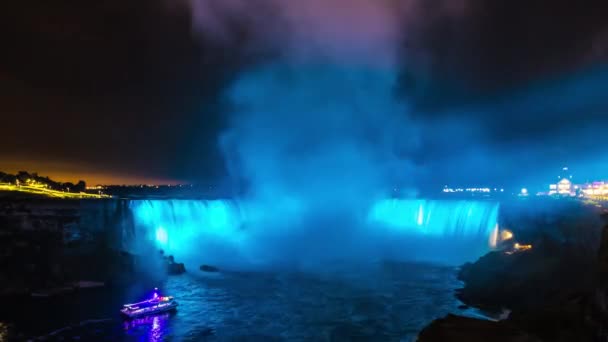 Vista lateral canadiense de Niagara Falls, Horseshoe Falls por la noche en Niagara Falls, Ontario, Canadá — Vídeo de stock