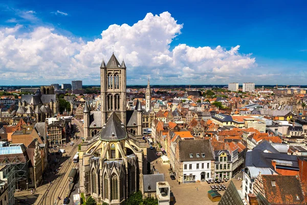 Panoramik Görünümünde Bir Güzel Yaz Günü Belçika Gent Saint Nicholas — Stok fotoğraf