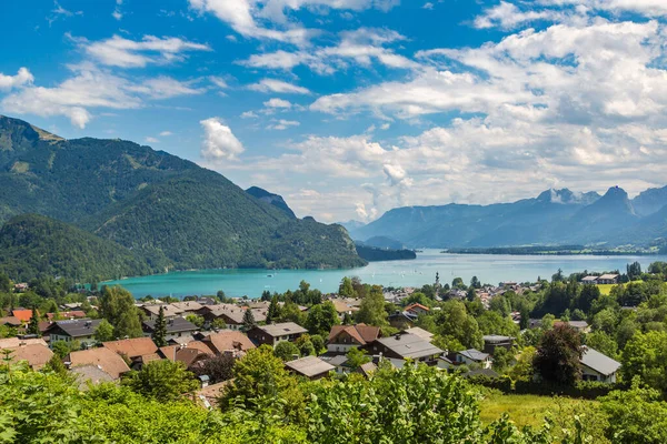 Antenowe Panoramica Widok Jeziora Wolfgangsee Salzkammergut Austria Piękny Letni Dzień — Zdjęcie stockowe