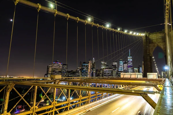 Brooklyn Bridge Pedestrian Walkway Night New York City Usa — Stock Photo, Image