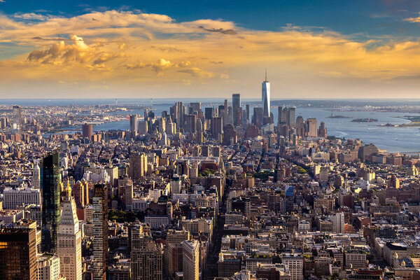 Panoramic aerial view of Manhattan at sunset in New York City, NY, USA