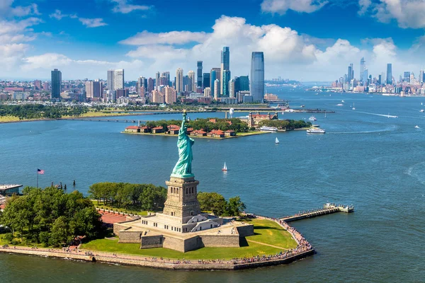 Panoramatický Letecký Pohled Socha Svobody Jersey City Město Manhattan New — Stock fotografie
