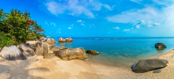Bir yaz gününde güzel kayalık tropikal plaj manzarası