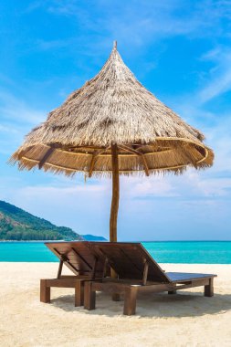 Güneşli bir günde, tropikal bir sahilde güneşli bir yatak ve palmiye ağacı.