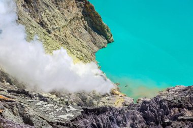Aktif yanardağ Ijen 'in panoramik hava manzaralı krateri, Java adası, Endonezya