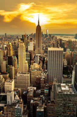 NEW YORK CITY, USA - MARCH 15, 2020: Panoramic aerial view of Manhattan at sunset in New York City, NY, USA