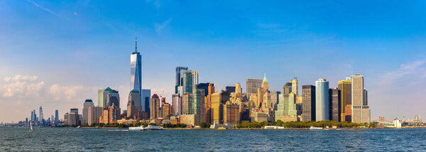 Panorama of Manhattan cityscape in New York City at sunset, NY, USA